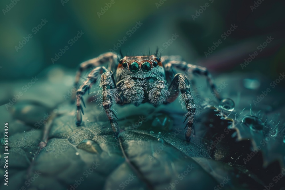 Poster close-up shot of a spider sitting on a leaf, with intricate details visible