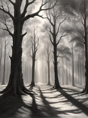 Black and white illustration of a forest with trees casting shadows