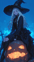 A young blonde witch in a black outfit and hat sits atop a glowing jack-o'-lantern. The eerie blue lighting enhances the mystical Halloween ambiance