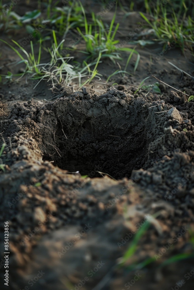 Aufkleber a close-up view of a hole in the ground, suitable for use in illustrations about excavation, constru