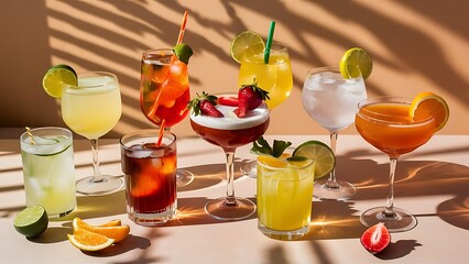 Summer cocktails with fruit in the sunlight fresh juicy beverages in glasses with shadows making trendy pattern on beige background delicious lemonade cold tea soda and water