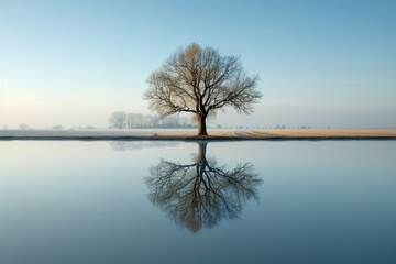 A single tree stands alone on the bank of a body of water, its reflection creating a sense of symmetry