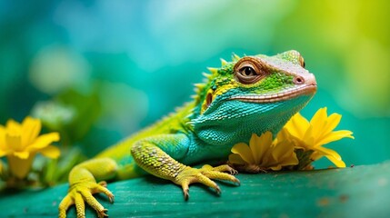 Lizard shadow on green sheet close-up macro. Lizard and a flower on a beautiful soft turquoise and yellow background summer outdoors. Very nice stunning artistic image. Desktop wallpapers, postcard	