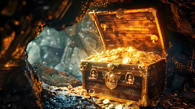 An old wooden treasure chest with gold coins in a hidden cave