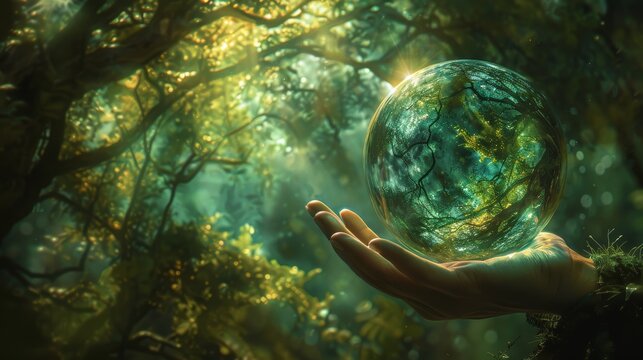 A conceptual image of a person reaching out to touch a bubble that contains a distorted, dreamlike scene of lush greenery and flowing water, symbolizing the desire for an unattaina
