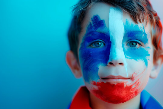European football championship UEFA Euro 2024. a kid fan of the French soccer team with your faces painted with the colors of french team - Powered by Adobe
