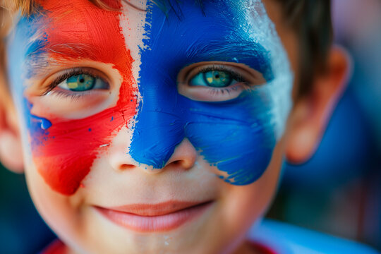 European football championship UEFA Euro 2024. a kid fan of the French soccer team with your faces painted with the colors of french team - Powered by Adobe