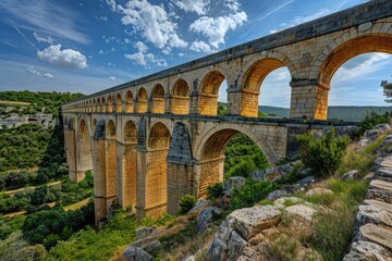 Fototapeta premium A stone bridge with arches spanning a scenic valley