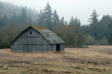 A rustic barn in a green field with trees in the background