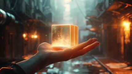 Person is holding a glowing cube in a futuristic city at night