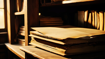 An old, worn photograph album lies on a dusty shelf in a dimly lit room. The pages are yellowed with age, and a few pictures are sticking out, showing moments of happiness now long gone. The dust and 