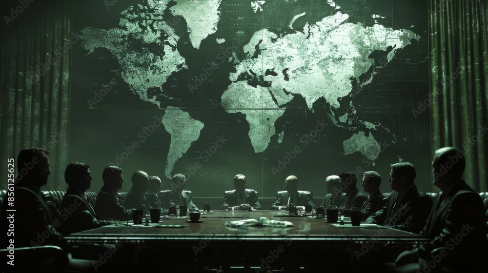 Wall mural politicians gathering in a dimly lit room with a world map displayed in the background