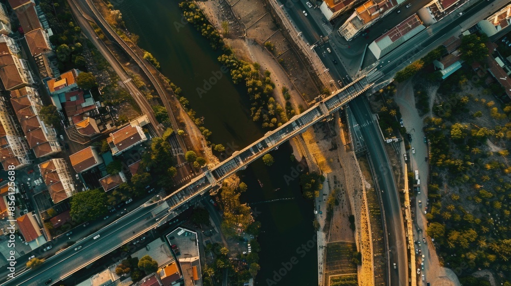 Aufkleber An aerial view of a bridge spanning a river with trees and greenery surrounding it