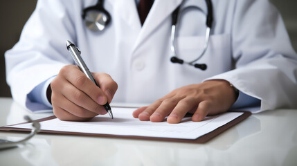 Fototapeta premium Doctor writing on a clipboard in a hospital setting. Represents healthcare, medical profession, and patient care.