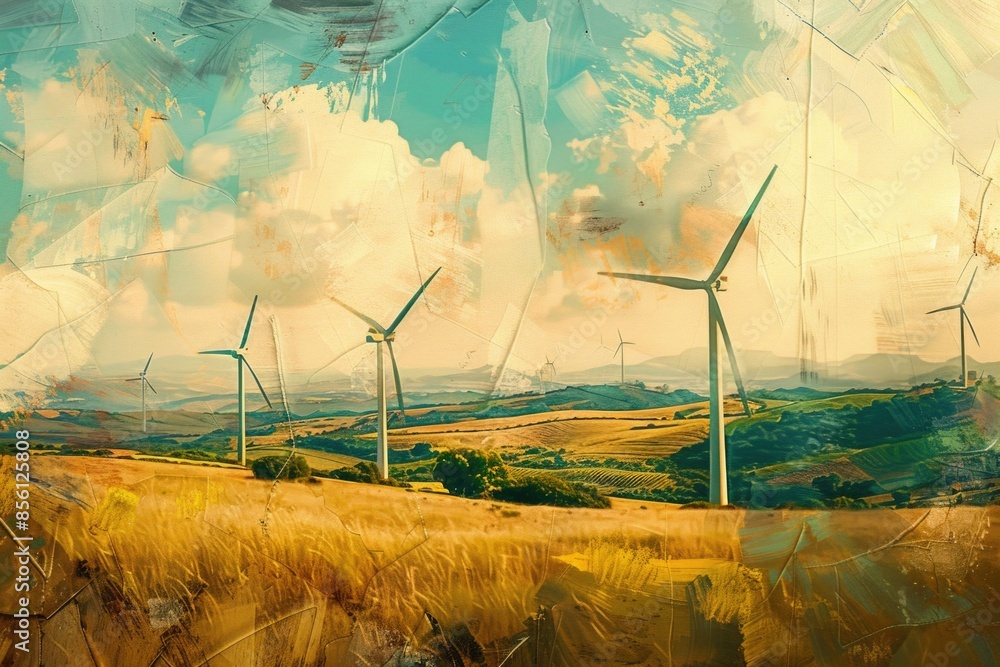 Poster image of wind turbines standing tall in a green field with a blue sky