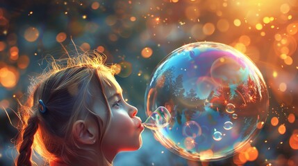 A young girl with pigtails blowing a giant bubble, her face framed by the iridescent sphere as it floats gracefully in the air.