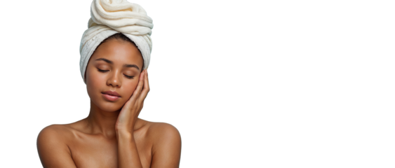 Young woman with a towel wrapped around her head, gently touching her face, on a transparent background. Ideal for skincare, beauty, and wellness-themed promotions. Perfect for marketing materials