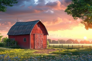 Obraz premium A classic rural scene featuring a bright red barn surrounded by a green field and a rustic wooden fence