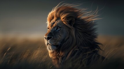 Obraz premium Majestic lion in the wild at sunset, close-up portrait. Wildlife and nature concept