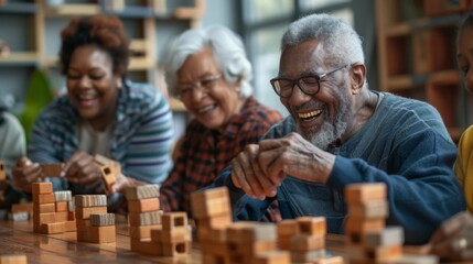 Diverse group of senior people playing with building blocks and smiling at the retirement home