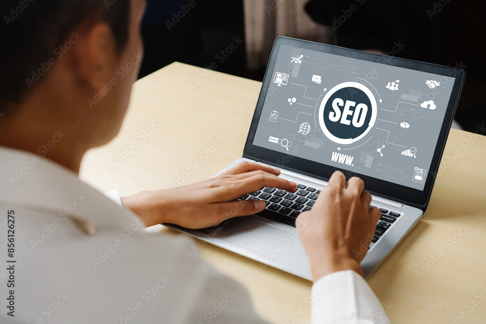Poster seo search engine optimization for modish e-commerce and online retail business showing on computer 