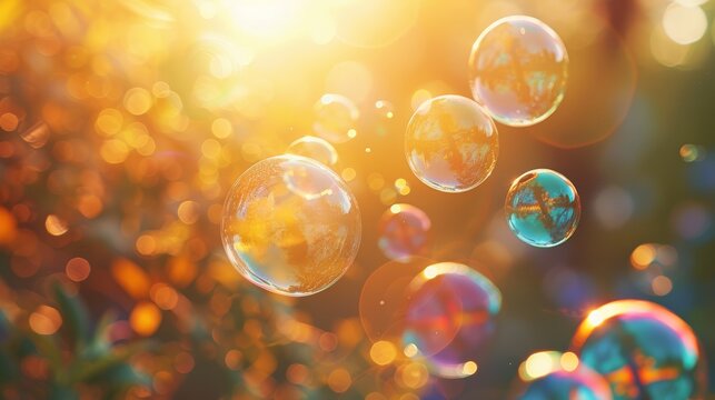 Colorful soap bubbles floating in the air, reflecting vibrant hues of red, blue, and green under bright sunlight, creating a cheerful and playful atmosphere.
