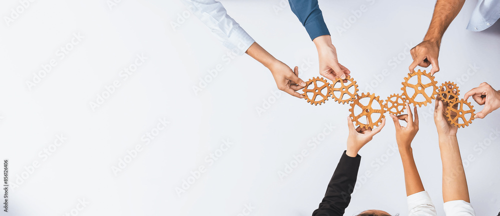Poster top panorama banner of business team joining cogwheel in circular together symbolize successful grou