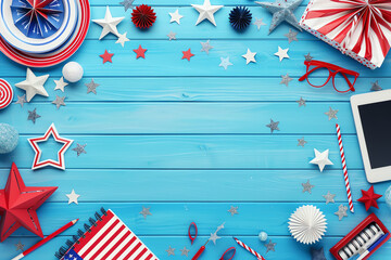 Obraz premium Top view of a working desk with red, white, and blue items, celebrating Independence Day