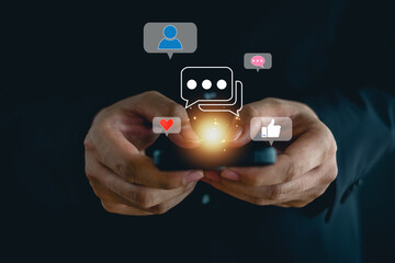 Social media and digital online concept, man using smart phone with Social media. The concept of living on vacation and playing social media. Social Distancing ,communication.
