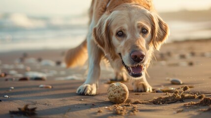 Golden retriever playing with ball on beach. High-resolution photography.