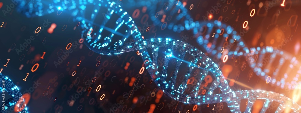 Aufkleber dna double helix intertwined with binary code, representing the intersection of biology and technolo