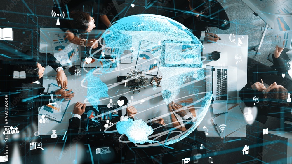 Poster top down aerial view of skilled business team listening manager present global networking system whi
