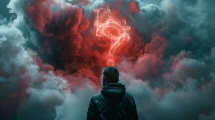 Man is staring at a red question mark in a dramatic sky, feeling lost and confused