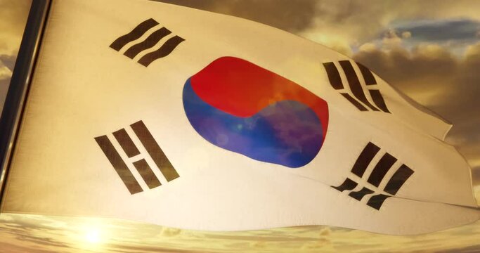3D Rendering - Flag of South Korea close up waving smoothly at sunset backlighted on yellow cloudy sky - 4K H264 Seamless loop