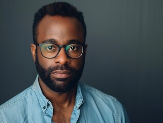 Fototapeta premium A portrait of an African American man with short hair and beard, wearing glasses, looking directly at the camera against a dark grey background.