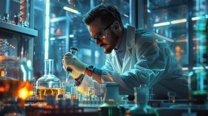A man in a lab coat is working on a project