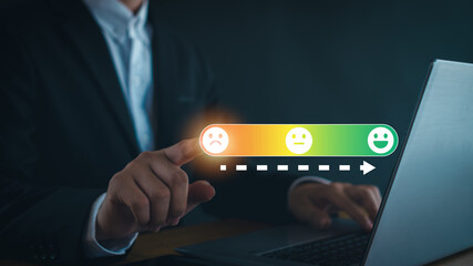 Customer review satisfaction feedback survey concept. User give rating to service excellent...