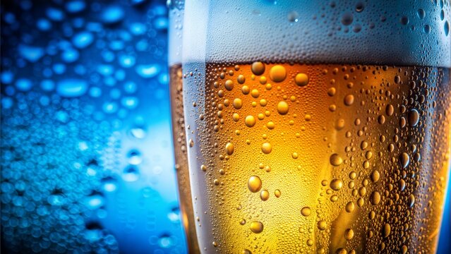 macro glass of beer, cold beer, drops running down the glass macro