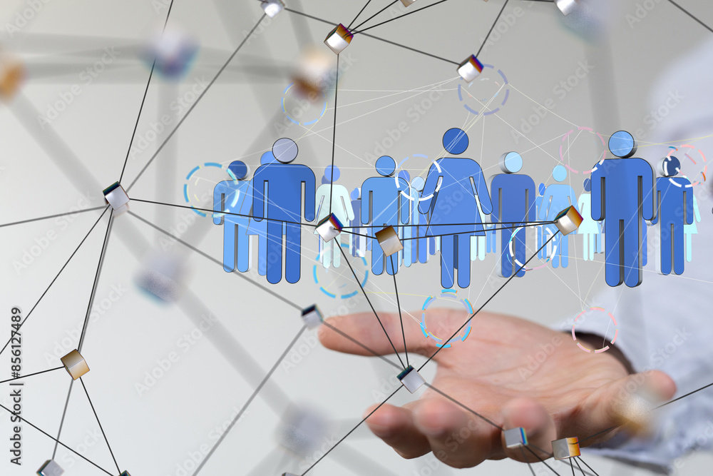 Poster Global network. Blockchain. 3D illustration. Neural networks and artificial intelligence. Abstract  3d