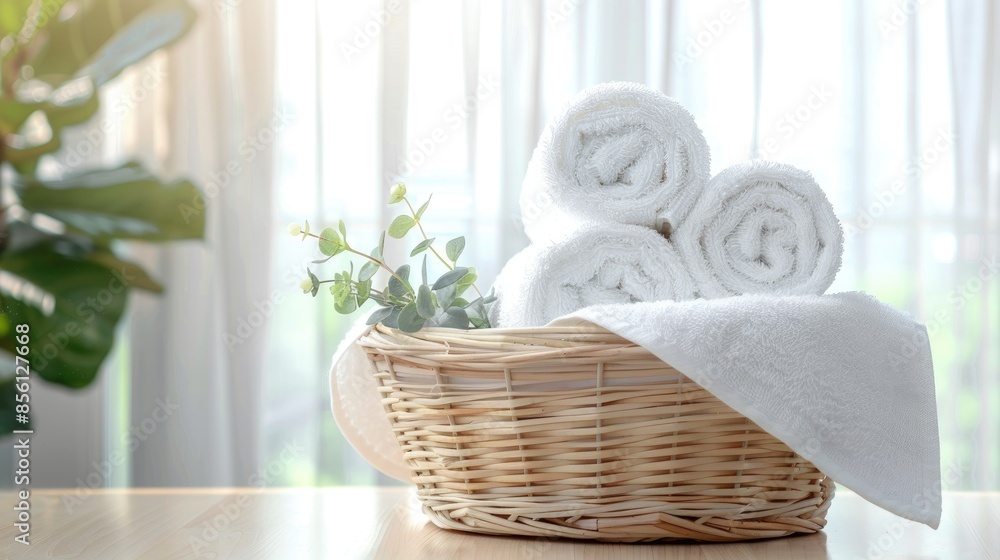 Poster clean towels in a basket on a table with a transparent background