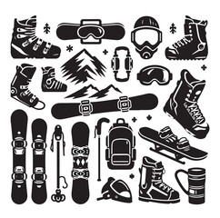 Snowboarding elements silhouette, Snowboarding elements, Snowboard silhouette, Snowboarding equipment vector set, Snowboarding vector set.