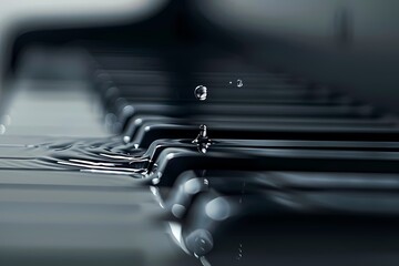 A single teardrop splashing onto a piano key, causing ripples in the reflection. Minimalist design, photorealistic aesthetic. High-resolution photo background.