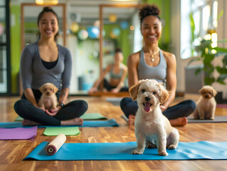 Obraz premium Two people and a dog practicing yoga indoors