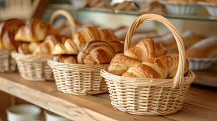 Home baked crescent buns displayed in baskets on a wooden shelf