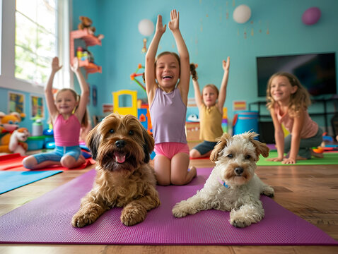 Joyful children practicing yoga with friendly dogs in a colorful room - Powered by Adobe