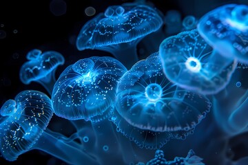 Bioluminescent Alien Spore Eruption (Microscopic View): A high-resolution photo taken through a powerful microscope, showcasing a single bioluminescent alien