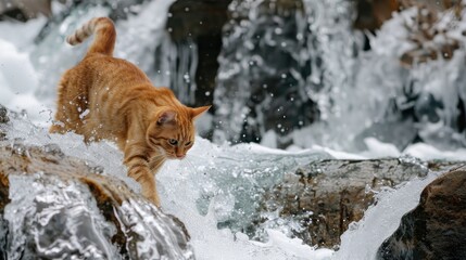 Ginger Cat Adventuring Through a Foamy Waterfall