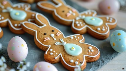 Easter themed gingerbread treats shaped like rabbits and eggs