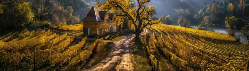 Charming countryside scene with a rustic house, winding dirt road, golden fields, and sunlit trees in a serene, picturesque landscape.
