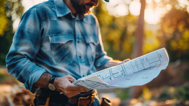 Real Estate Developer Reviewing Blueprints. A real estate developer outdoors reviewing blueprints at a construction site, symbolizing planning and development in the building industry.